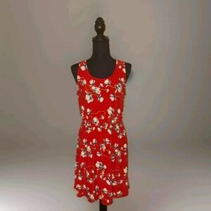 French Grey Knit Red Dress Women Size Medium Floral A-line Midi Office NWT B24#7